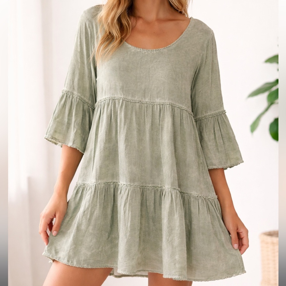 Umgee Sage Green Babydoll Mini Dress Tiered Bell Sleeve Boho Cottage L